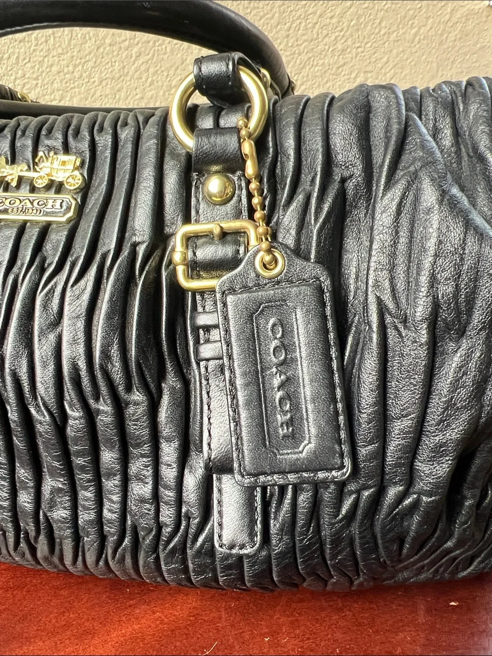 Coach Black Ruched Leather Satchel with Gold Hardware